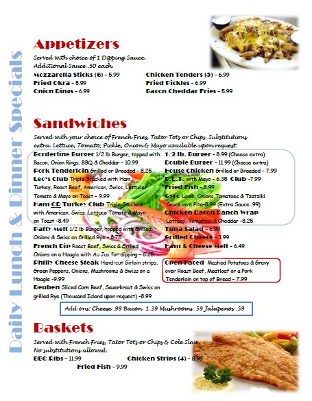Printed menu showing burritos and specialties.