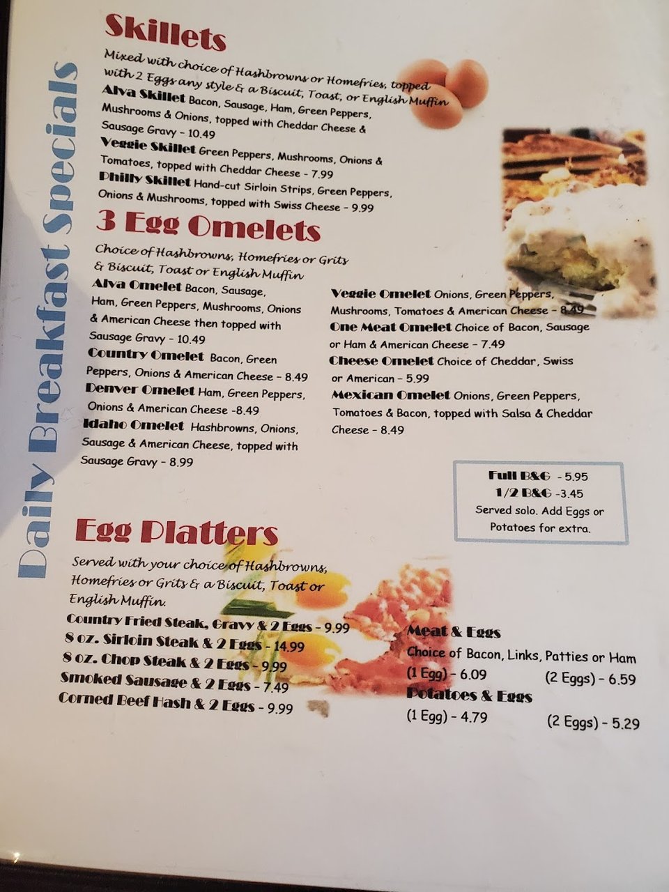 Breakfast menu with eggs, pancakes, and wine.